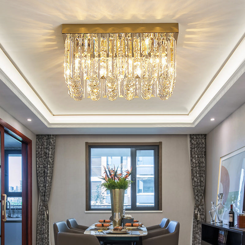 Modern Gold Flush Mount Light with Crystal Block Shade - 2 Lights, Rectangle Ceiling Design - 12"/16"/19.5" Wide