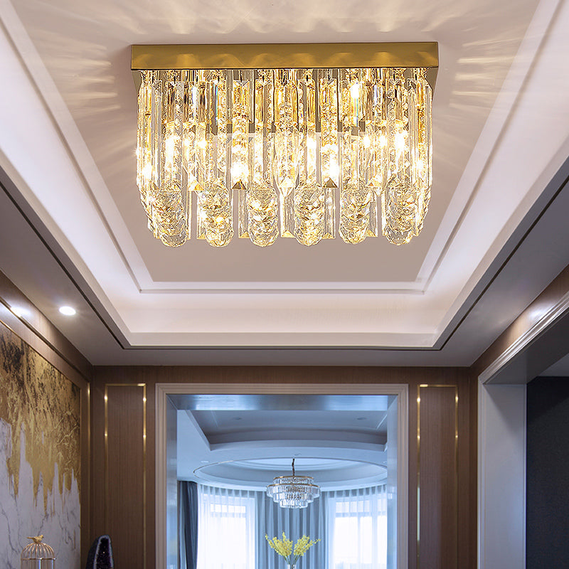 Modern Gold Flush Mount Light with Crystal Block Shade - 2 Lights, Rectangle Ceiling Design - 12"/16"/19.5" Wide