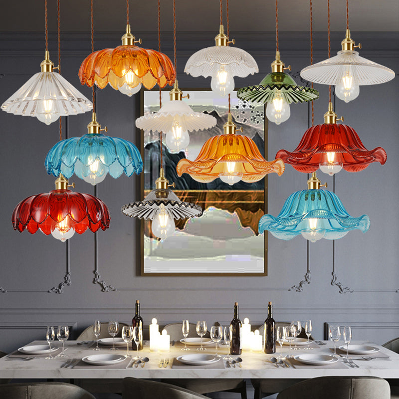 Vintage Ribbed Glass Pendant Lamp: Brass Single-Bulb Hanging Light for Dining Room