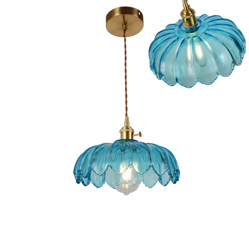 Vintage Ribbed Glass Pendant Lamp: Brass Single-Bulb Hanging Light for Dining Room