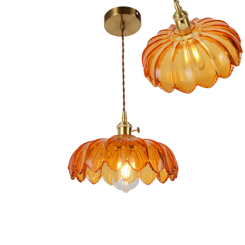 Vintage Ribbed Glass Pendant Lamp: Brass Single-Bulb Hanging Light for Dining Room