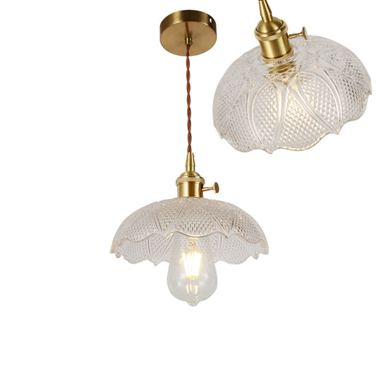 Vintage Ribbed Glass Pendant Lamp: Brass Single-Bulb Hanging Light for Dining Room