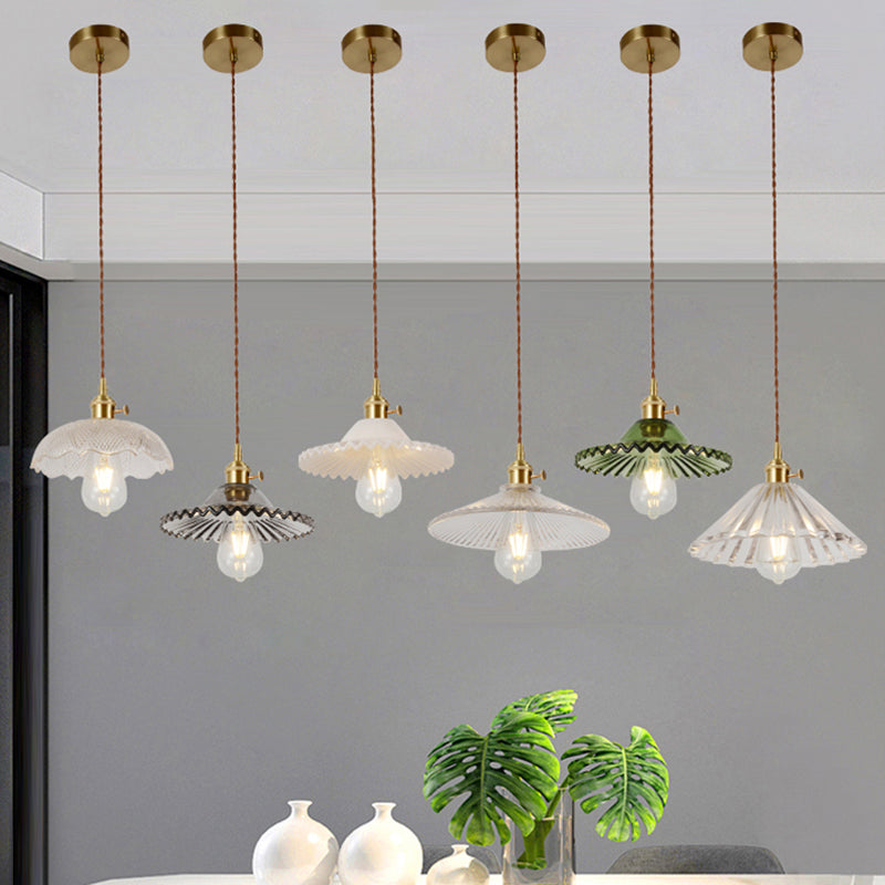 Vintage Ribbed Glass Pendant Lamp: Brass Single-Bulb Hanging Light for Dining Room