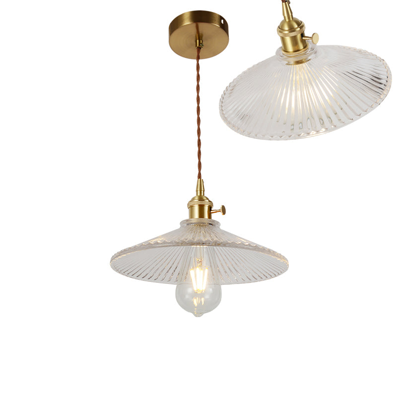 Vintage Ribbed Glass Pendant Lamp: Brass Single-Bulb Hanging Light for Dining Room
