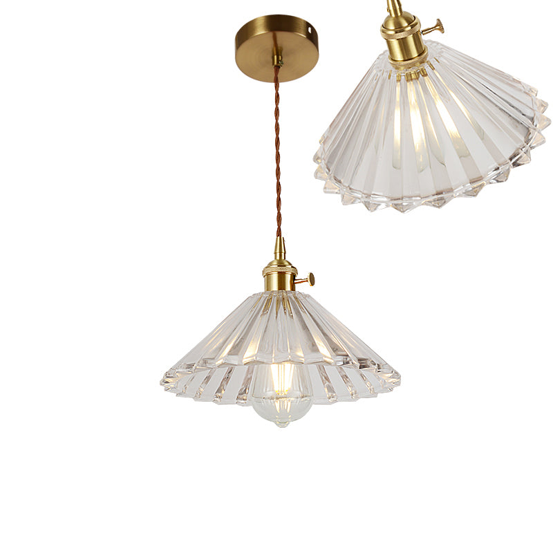 Vintage Ribbed Glass Pendant Lamp: Brass Single-Bulb Hanging Light for Dining Room