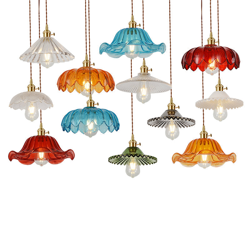 Vintage Ribbed Glass Pendant Lamp: Brass Single-Bulb Hanging Light for Dining Room