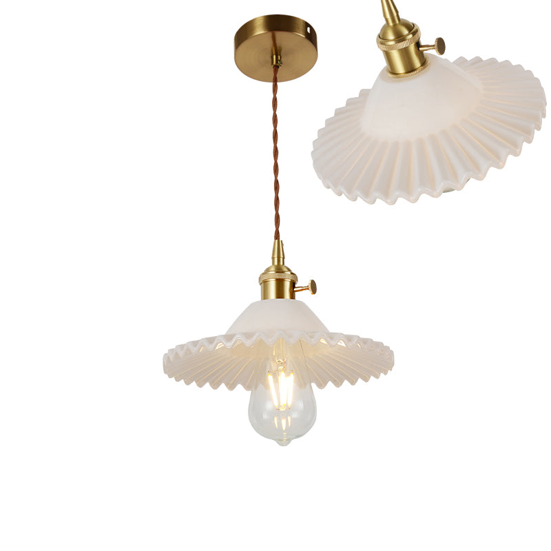 Vintage Ribbed Glass Pendant Lamp: Brass Single-Bulb Hanging Light for Dining Room