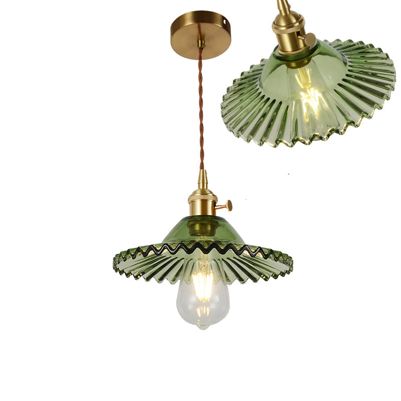 Vintage Ribbed Glass Pendant Lamp: Brass Single-Bulb Hanging Light for Dining Room