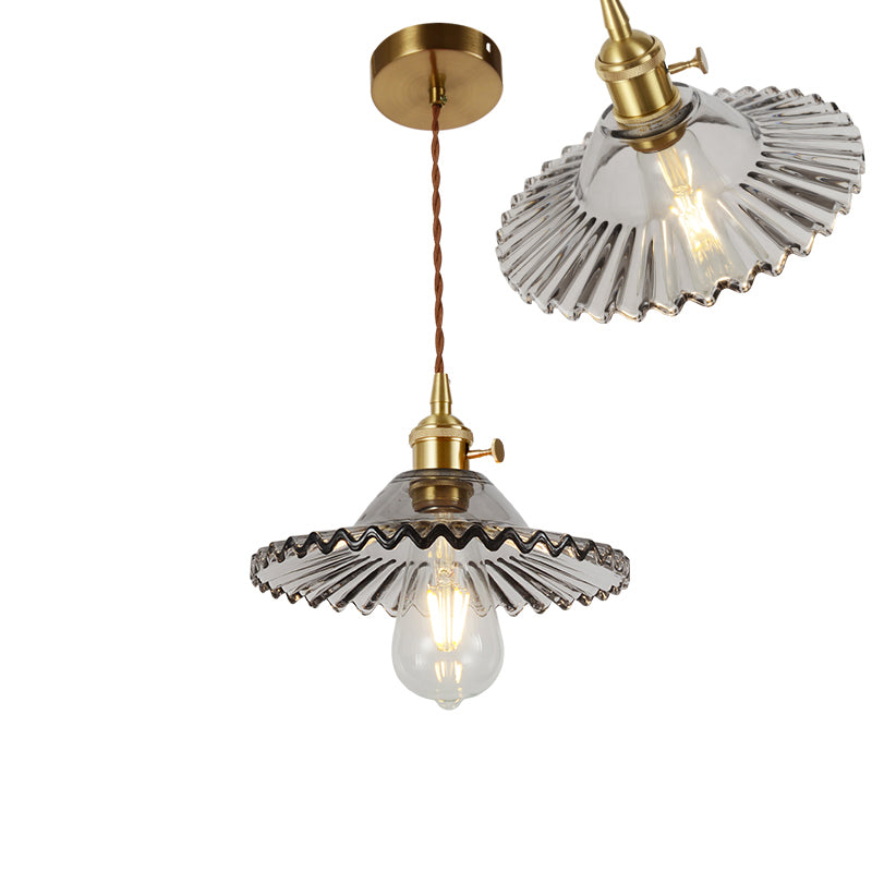 Vintage Ribbed Glass Pendant Lamp: Brass Single-Bulb Hanging Light for Dining Room
