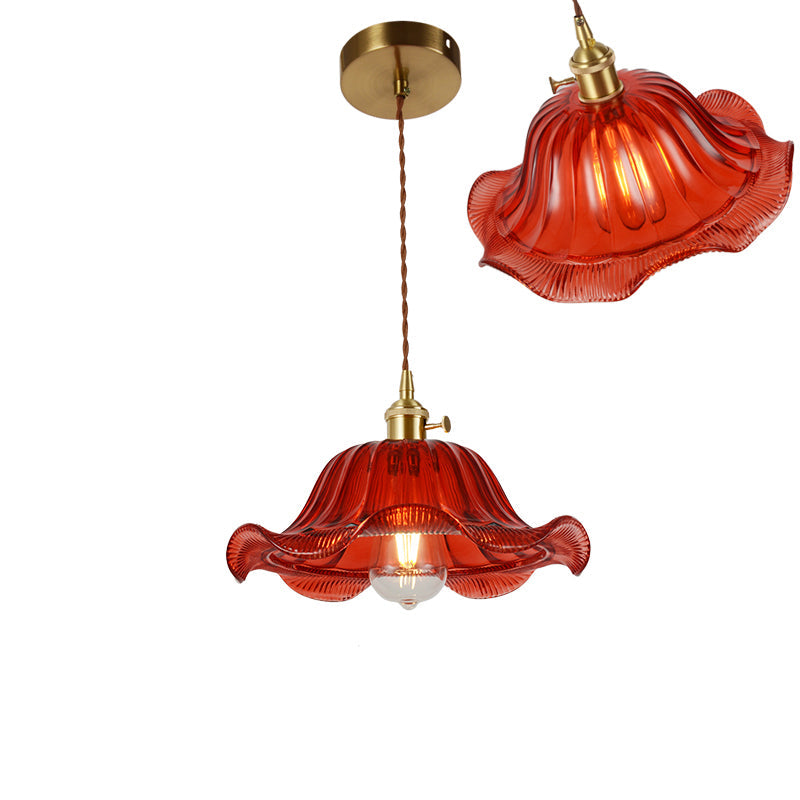 Vintage Ribbed Glass Pendant Lamp: Brass Single-Bulb Hanging Light for Dining Room