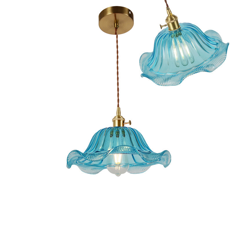 Vintage Ribbed Glass Pendant Lamp: Brass Single-Bulb Hanging Light for Dining Room