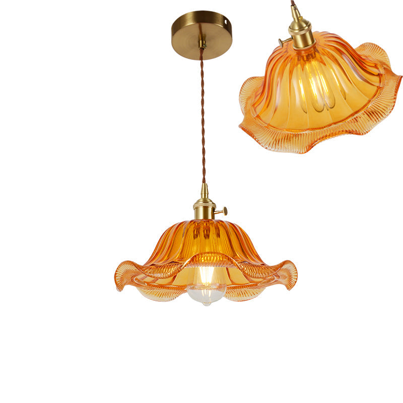Vintage Ribbed Glass Pendant Lamp: Brass Single-Bulb Hanging Light for Dining Room