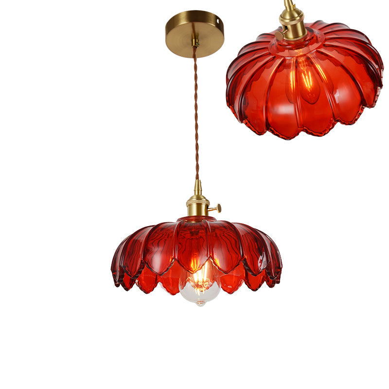 Vintage Ribbed Glass Pendant Lamp: Brass Single-Bulb Hanging Light for Dining Room