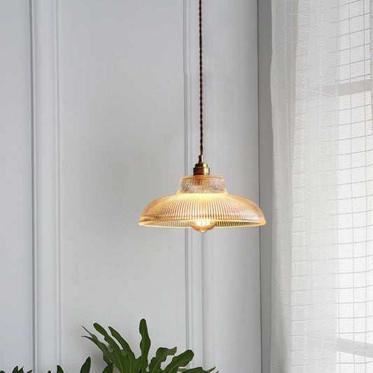 Lampe suspendue en verre transparent côtelé de style rétro - Lampe suspendue à ampoule unique pour salle à manger