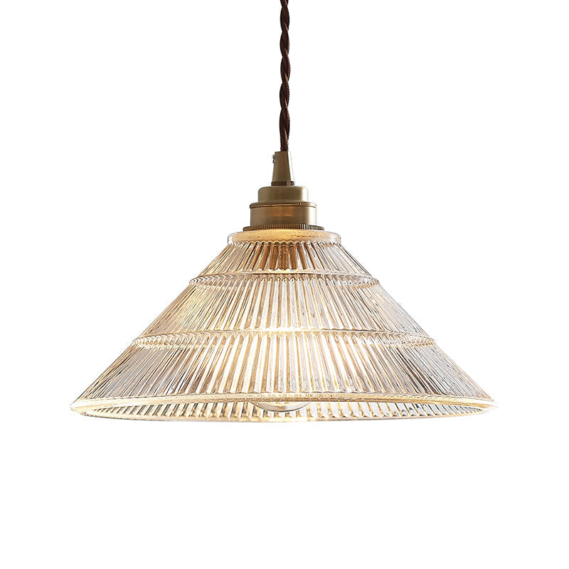 Vintage Cone Ribbed Clear Glass Pendant Lamp - Single-Bulb Hanging Light For Dining Room