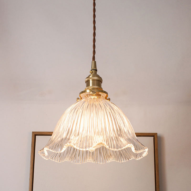 Luminaire suspendu de salon Simplicity avec abat-jour en verre strié transparent et motif floral