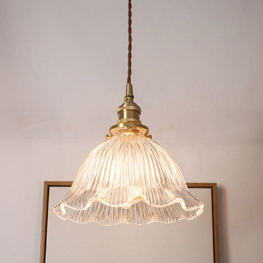 Luminaire suspendu de salon Simplicity avec abat-jour en verre strié transparent et motif floral