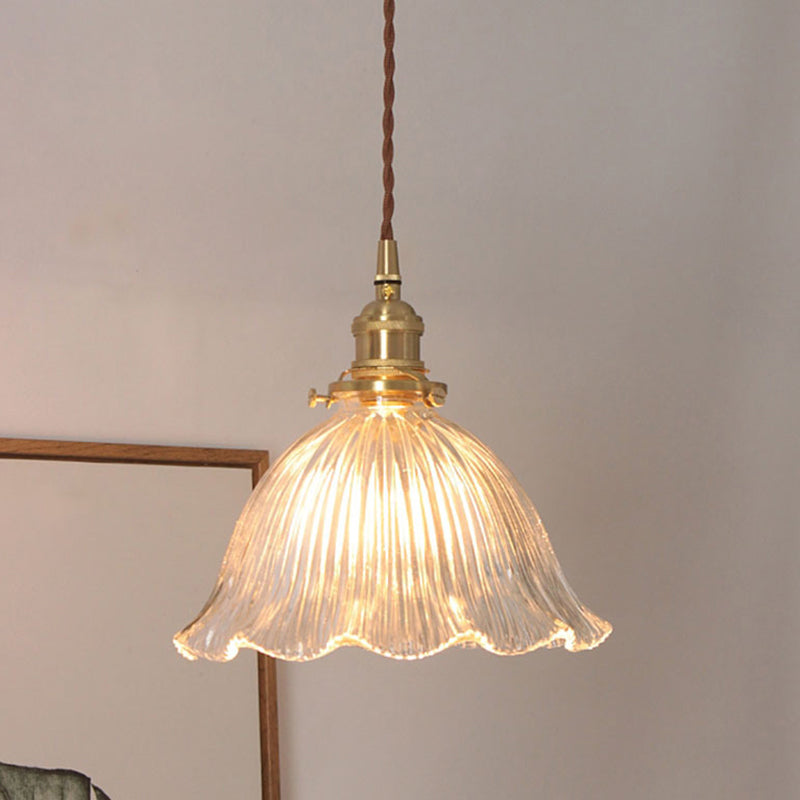 Luminaire suspendu de salon Simplicity avec abat-jour en verre strié transparent et motif floral