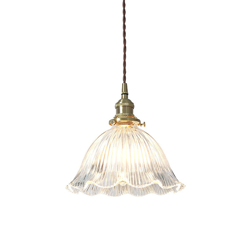 Luminaire suspendu de salon Simplicity avec abat-jour en verre strié transparent et motif floral