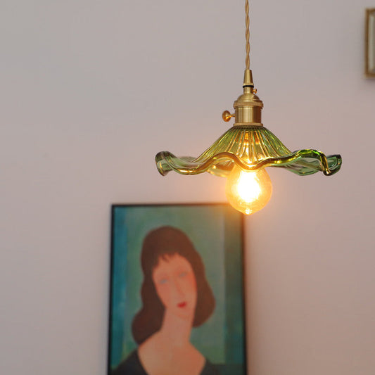 Plafonnier suspendu en verre vert feuille de lotus vintage - Éclairage de couloir à 1 lumière