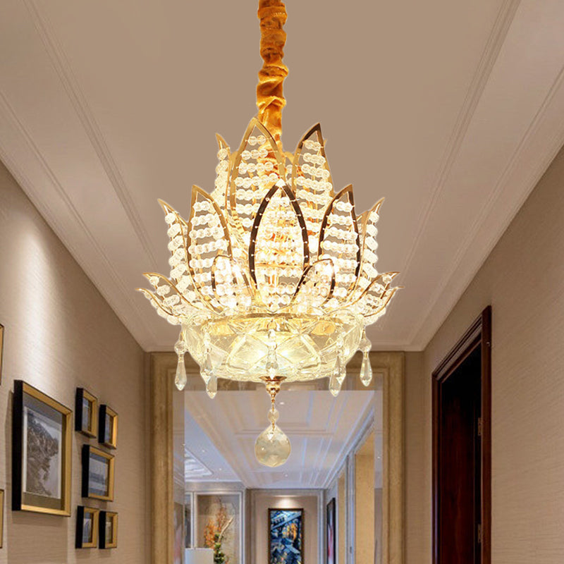 Lustre boule de cristal à facettes Lotus - Suspension dorée moderne, 3 lumières pour couloir
