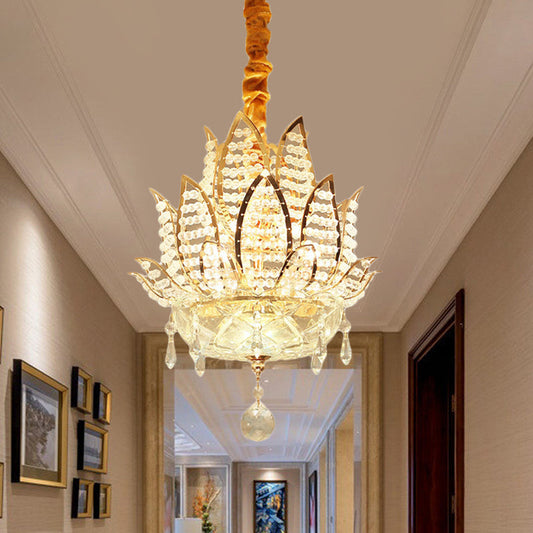 Lotus Faceted Crystal Ball Chandelier - Modern Gold Hanging Light, 3 Lights for Hallway