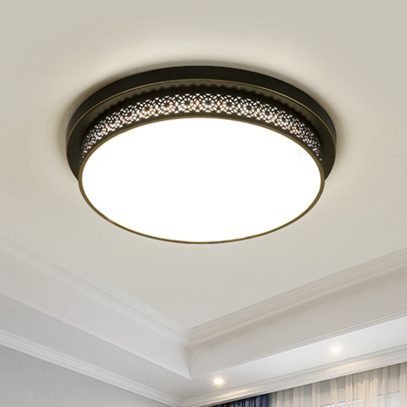 Black Round Led Flush Light - Rustic Acrylic Living Room Ceiling Fixture With Filigree Design / 18 A