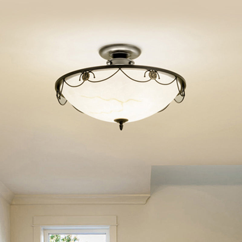 Classic Opal Glass Semi Flush Mount Lighting for Living Room with Inverted Dome Design in Black
