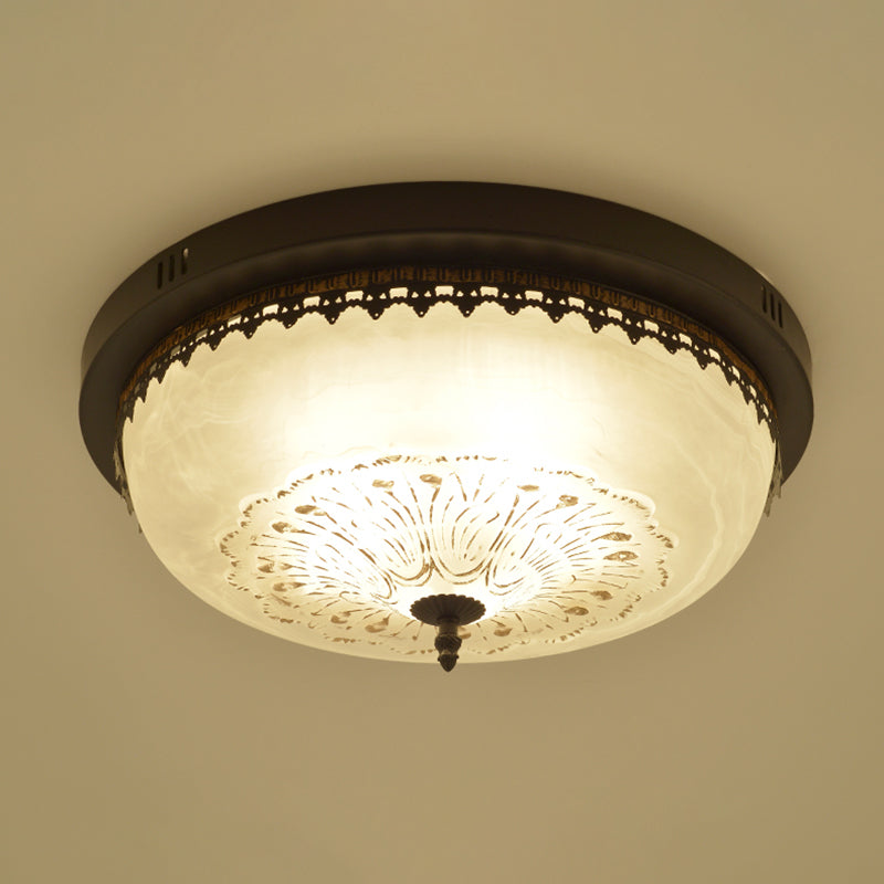 Classic Opal Glass Semi Flush Mount Lighting for Living Room with Inverted Dome Design in Black
