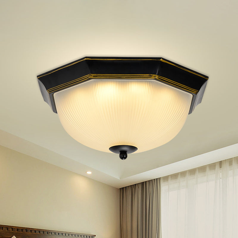 Ribbed Glass Flushmount Ceiling Light in Gold-Black - Set of 3 Bulbs Traditional Flush Mount