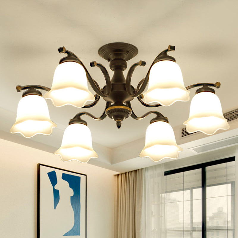 Vintage Frosted Glass Flower Shade Semi Flush Mount Chandelier For Bedroom Ceiling