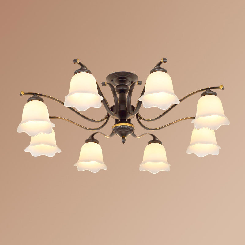 Vintage Frosted Glass Flower Shade Semi Flush Mount Chandelier For Bedroom Ceiling 8 / Black