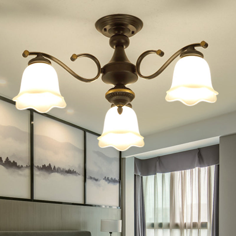Vintage Frosted Glass Flower Shade Semi Flush Mount Chandelier For Bedroom Ceiling
