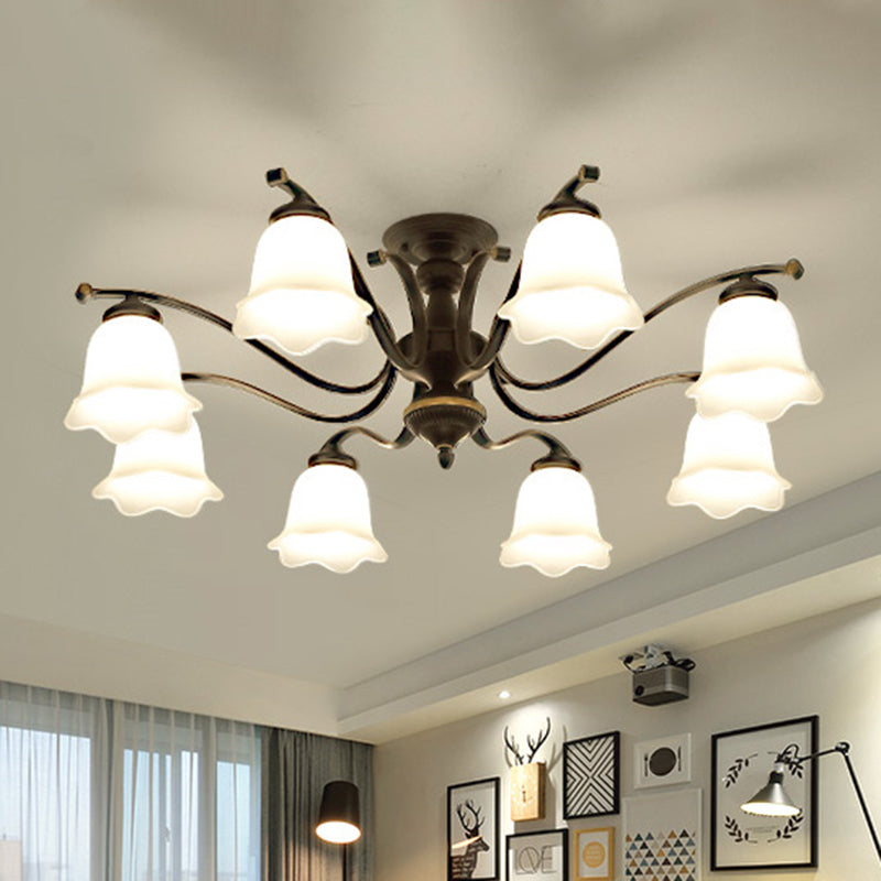 Vintage Frosted Glass Flower Shade Semi Flush Mount Chandelier For Bedroom Ceiling
