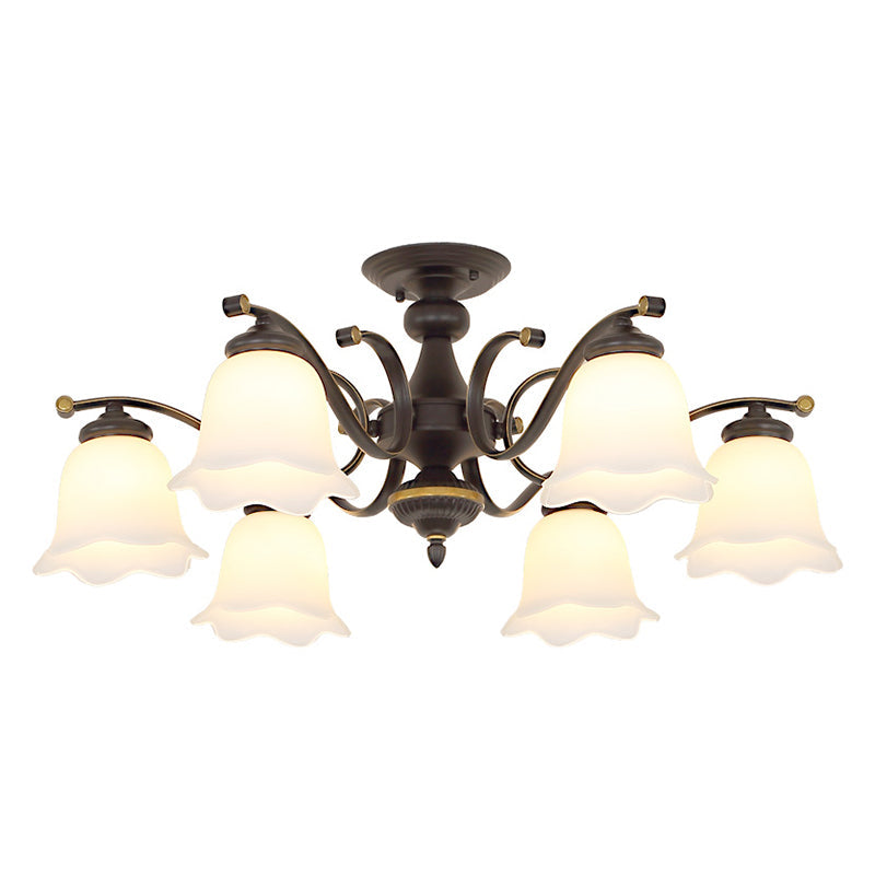 Vintage Frosted Glass Flower Shade Semi Flush Mount Chandelier For Bedroom Ceiling