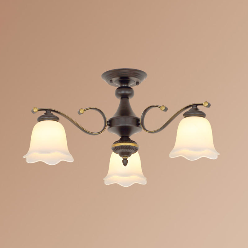Vintage Frosted Glass Flower Shade Semi Flush Mount Chandelier For Bedroom Ceiling 3 / Black