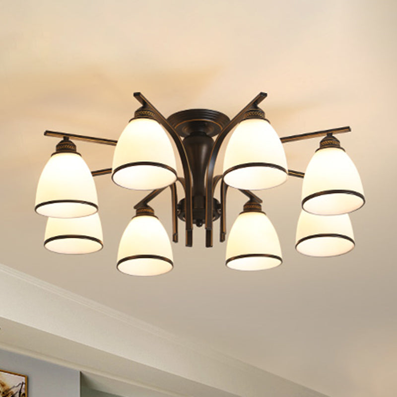 Black Retro Bell Flush Mount Light With Frosted Glass - Semi Chandelier For Living Room