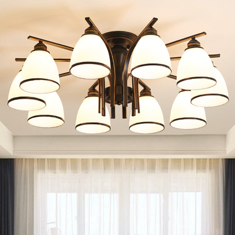 Black Retro Bell Flush Mount Light with Frosted Glass - Semi Flush Chandelier for Living Room