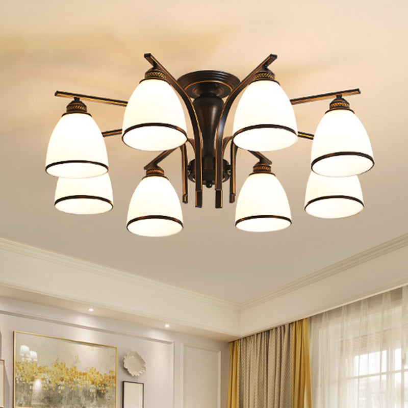 Black Retro Bell Flush Mount Light with Frosted Glass - Semi Flush Chandelier for Living Room