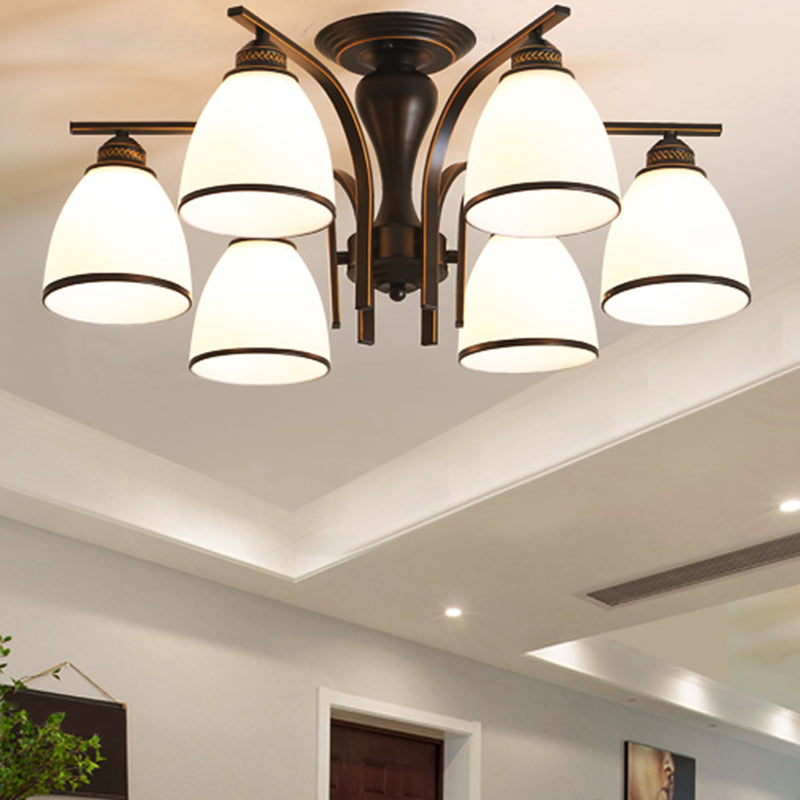 Black Retro Bell Flush Mount Light With Frosted Glass - Semi Chandelier For Living Room
