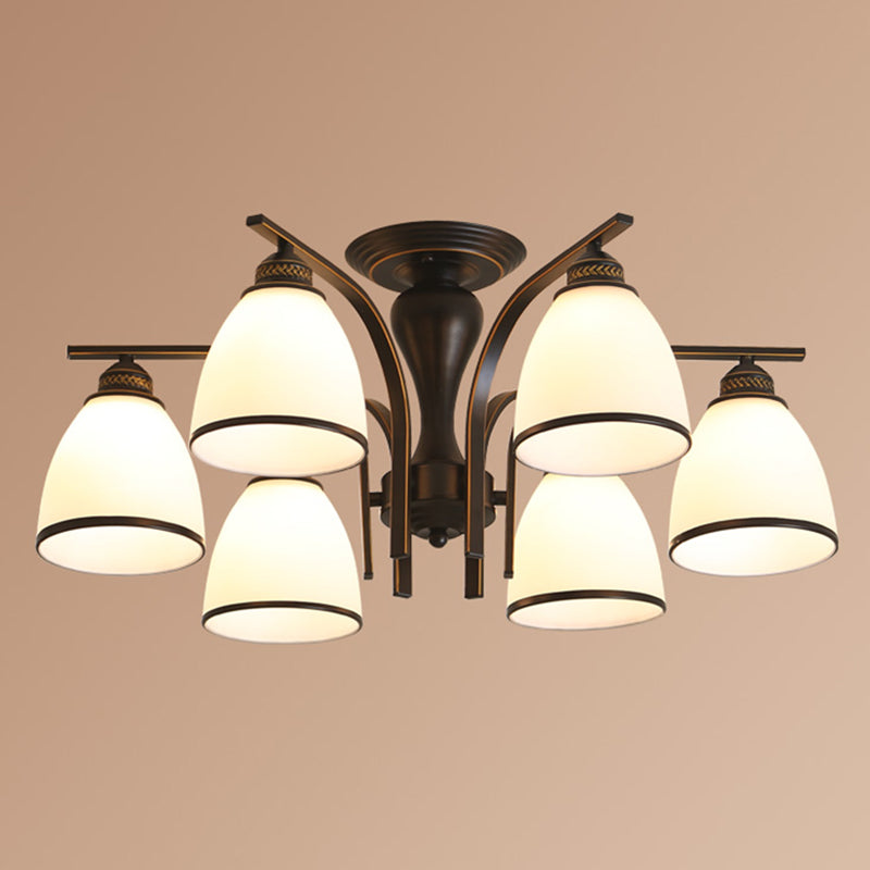 Black Retro Bell Flush Mount Light with Frosted Glass - Semi Flush Chandelier for Living Room