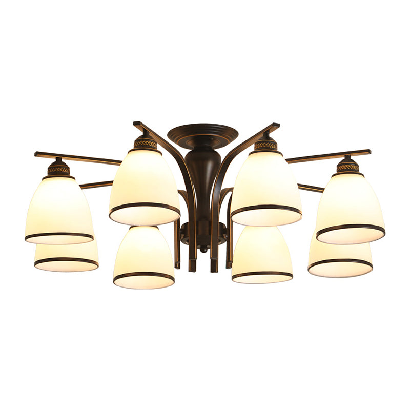 Black Retro Bell Flush Mount Light With Frosted Glass - Semi Chandelier For Living Room