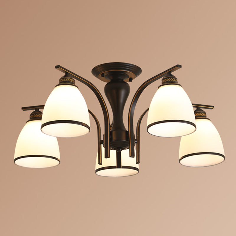 Black Retro Bell Flush Mount Light With Frosted Glass - Semi Chandelier For Living Room 5 /