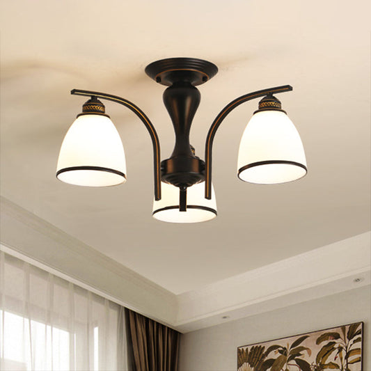 Black Retro Bell Flush Mount Light with Frosted Glass - Semi Flush Chandelier for Living Room