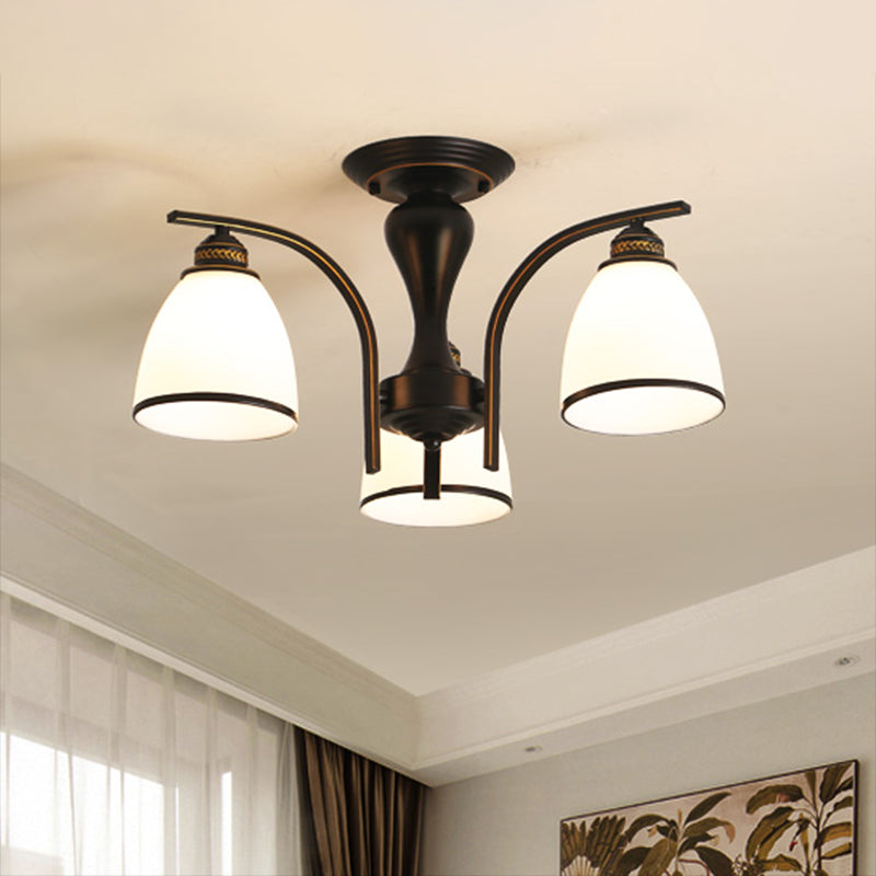 Black Retro Bell Flush Mount Light With Frosted Glass - Semi Chandelier For Living Room 3 /