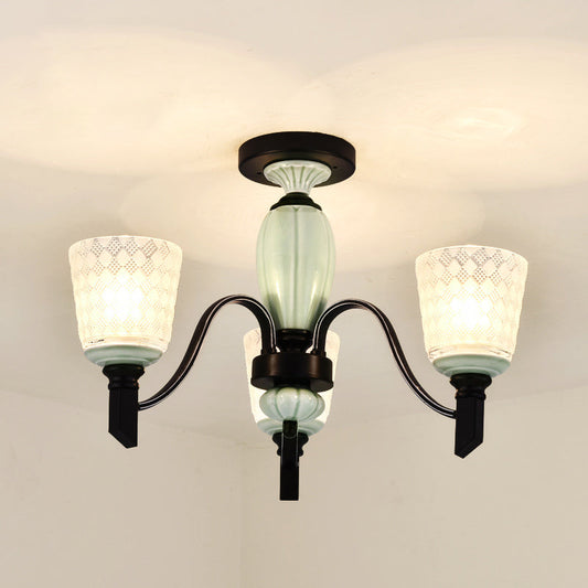 Green Rhombus Glass Ceiling Mount Chandelier - Traditional Semi Flush Design for Living Rooms