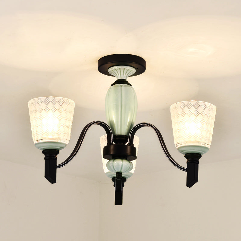 Green Rhombus Glass Ceiling Mount Chandelier - Traditional Semi Flush Design For Living Rooms 3 /