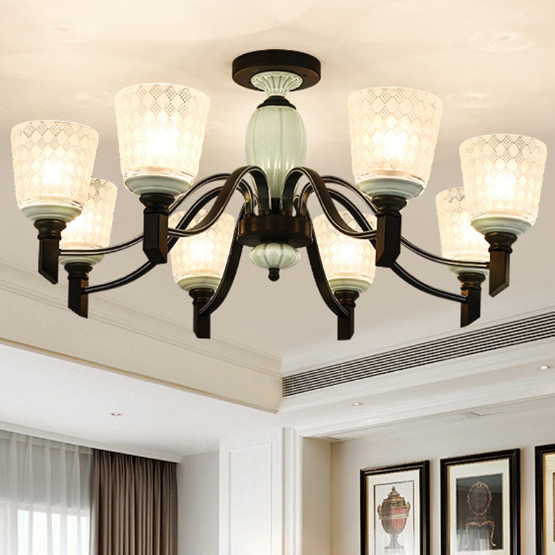 Green Rhombus Glass Ceiling Mount Chandelier - Traditional Semi Flush Design For Living Rooms