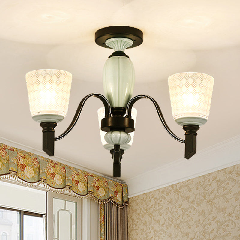 Green Rhombus Glass Ceiling Mount Chandelier - Traditional Semi Flush Design For Living Rooms