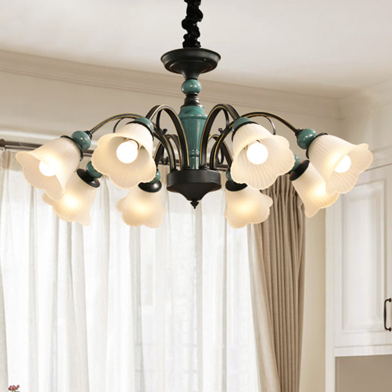 Retro Ribbed Glass Semi Flush Chandelier with Green Flower Shade - Stylish Lighting for Living Room